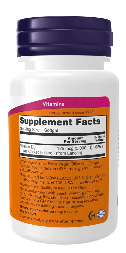 Now Vitamin D-3 5000 IU 120 softgels facts